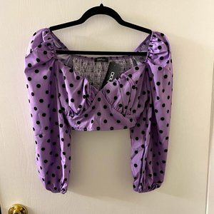 NWT Boohoo Purple Polka-Dot Crop Top (Size 0)
